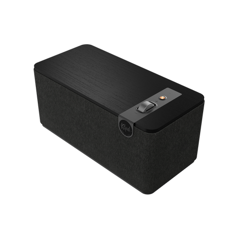 Boxa Klipsch The One Plus in finisaj Ebony, vazuta in trei sferturi, cu capac din furnir de lemn negru si buton multifunctional cupru