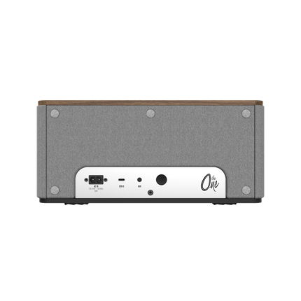 Panoul spate al boxei Klipsch The One Plus in finisaj Walnut, cu intrarea de alimentare, portul USB-C si intrarea AUX