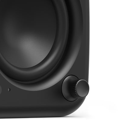 Boxe active Kanto Audio UKI Black, detaliu cu butonul de volum și mufa de căști