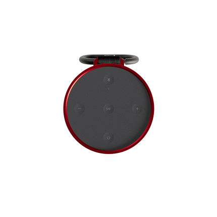 Beosound Explore Ferrari Edition văzută de sus, cu butoanele de control
