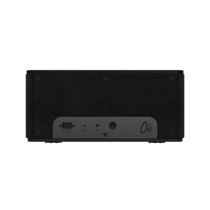 Panoul spate al boxei Klipsch The One Plus in finisaj Ebony, cu intrarea de alimentare, portul USB-C si intrarea AUX