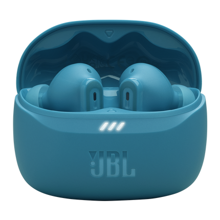 Căști JBL Tune Beam 2 (turcoaz): carcasa de încărcare deschisă, cu ambele căști în interior
