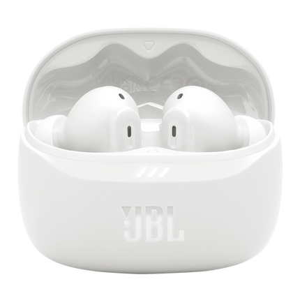 Căști JBL Tune Beam 2 (alb): carcasa de încărcare deschisă, cu ambele căști în interior