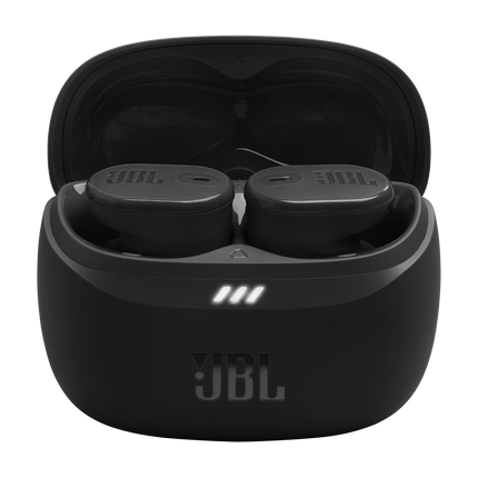 Căști JBL Tune Buds 2 (negru): carcasa de încărcare deschisă, cu ambele căști în interior