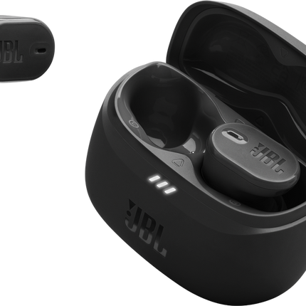 Căști JBL Tune Buds 2 (negru): carcasa de încărcare deschisă, cu o cască alături