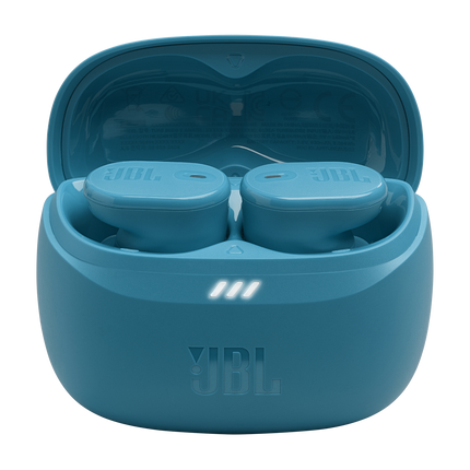 Căști JBL Tune Buds 2 (turcoaz): carcasa de încărcare deschisă, cu ambele căști în interior