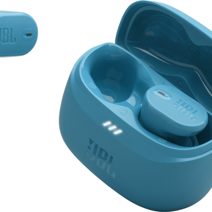Căști JBL Tune Buds 2 (turcoaz): carcasa de încărcare deschisă, cu o cască alături