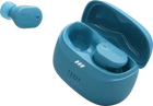 Căști JBL Tune Buds 2 (turcoaz): carcasa de încărcare deschisă, cu o cască alături