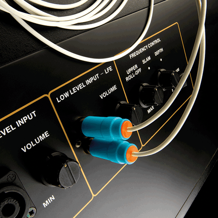 Mufele cablului Chord Company C-sub introduse în intrarea de nivel jos a unui subwoofer