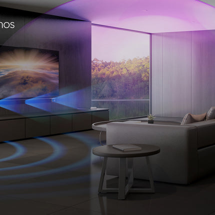 Ilustrare a sunetului Dolby Atmos intr-un living cu Klipsch Cinema 800 si subwooferul sau