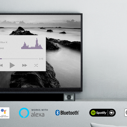 Serviciile compatibile cu Klipsch Cinema 800: Klipsch Connect, Google Assistant, Alexa, Bluetooth, Spotify si Apple AirPlay