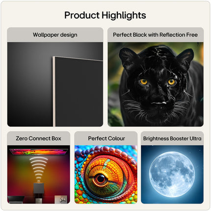 Rezumat vizual al tehnologiilor LG OLED evo AI W69LA: design Wallpaper, Perfect Black cu Reflection Free, Zero Connect Box, Perfect Colour si Brightness Booster Ultra