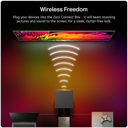 Zero Connect Box asezata sub televizorul LG W69LA, transmitand imagine si sunet fara fir catre ecran, cu sursele conectate prin cablu la cutie