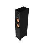 Boxa de podea Klipsch R-600F in finisaj negru, fara grila, cu hornul Tractrix si tweeterul in partea de sus si cele doua woofere spun-copper dedesubt
