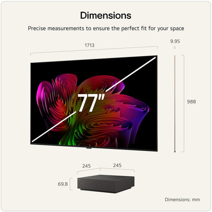 Schema cu dimensiunile televizorului LG OLED evo AI W69LA de 77 inch: 1713 mm latime, 988 mm inaltime, 9,95 mm grosime, plus Zero Connect Box