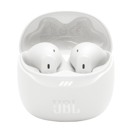 Căști JBL Tune Flex 2 (alb): carcasa de încărcare deschisă, cu ambele căști în interior