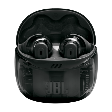 Căști JBL Tune Flex 2 (Ghost Black): carcasa de încărcare deschisă, cu ambele căști în interior