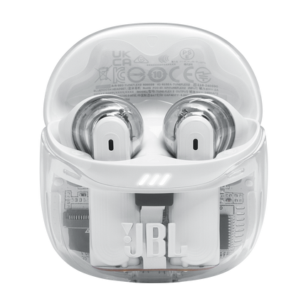 Căști JBL Tune Flex 2 (Ghost White): carcasa de încărcare deschisă, cu ambele căști în interior