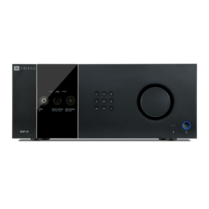 Afisajul color al procesorului JBL Synthesis SDP-70, cu meniul Dirac si setarile de incinte