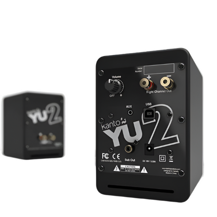 Boxa activă Kanto Audio YU2 neagră, panoul din spate: buton de volum, borne pentru boxa pasivă, AUX, USB, ieșire subwoofer și intrare de alimentare DC