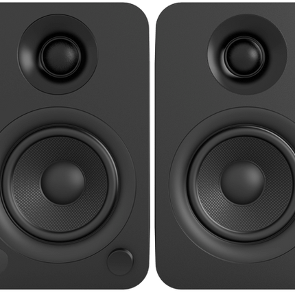 Boxe active Kanto Audio YU negre, perechea văzută din față, cu tweeterul și wooferul