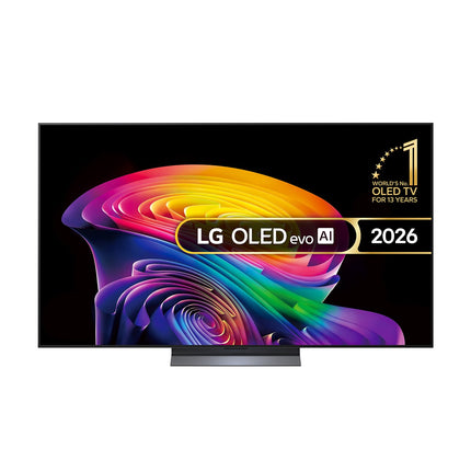 LG OLED evo AI C61LA, model 2026 — vedere frontala pe stand, cu marcajul LG OLED evo AI 2026 pe ecran