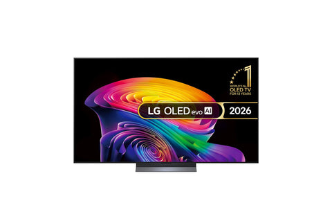 LG OLED evo AI C61LA, model 2026 — vedere frontala pe stand, cu marcajul LG OLED evo AI 2026 pe ecran