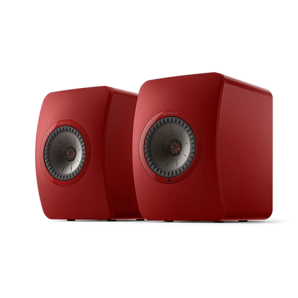 KEF LS50 Wireless II, finisaj Crimson Red, vedere din față și lateral