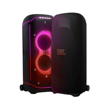 Husa JBL PartyCover Ultimate alături de boxa JBL PartyBox Ultimate cu luminile aprinse