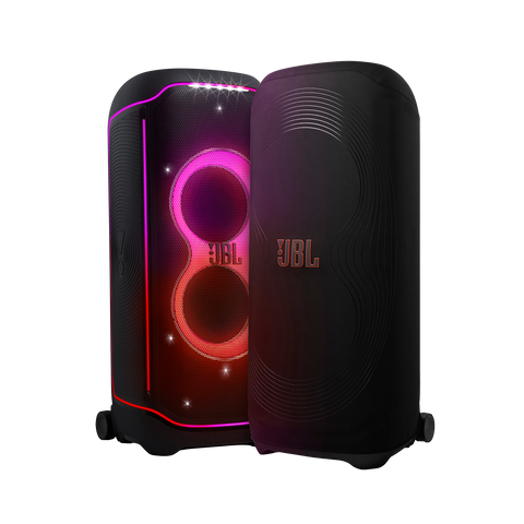 Husa JBL PartyCover Ultimate alături de boxa JBL PartyBox Ultimate cu luminile aprinse