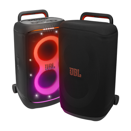 Husa JBL PartyCover 520 alături de boxa JBL PartyBox 520 cu luminile aprinse