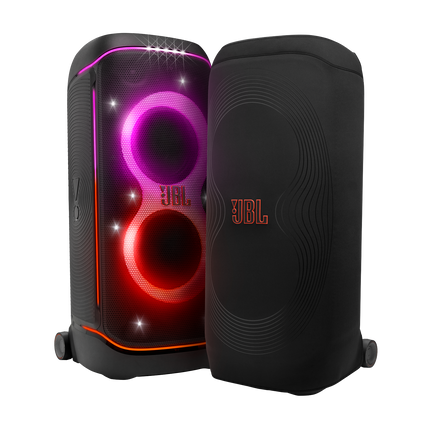 Husa JBL PartyCover 720 alături de boxa JBL PartyBox 720 cu luminile aprinse