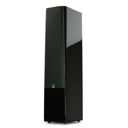 SVS Prime Tower, finisaj Piano Gloss Black, boxa cu grila montată văzută din trei sferturi