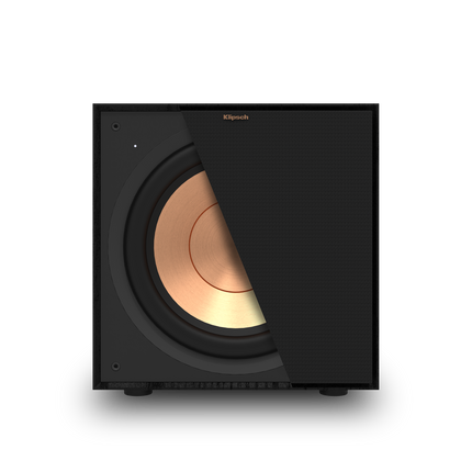 Klipsch R-101SW din fata, cu grila taiata pe jumatate pentru a arata conul de cupru