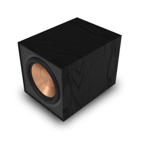 Subwoofer Klipsch R-101SW fara grila, din trei sferturi, cu conul de 10 inchi finisat cupru