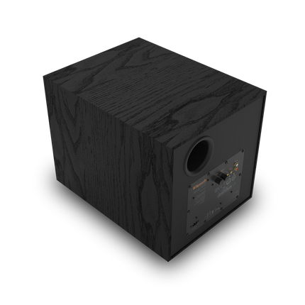 Klipsch R-101SW vazut din spate, din trei sferturi, cu portul si placa de amplificare