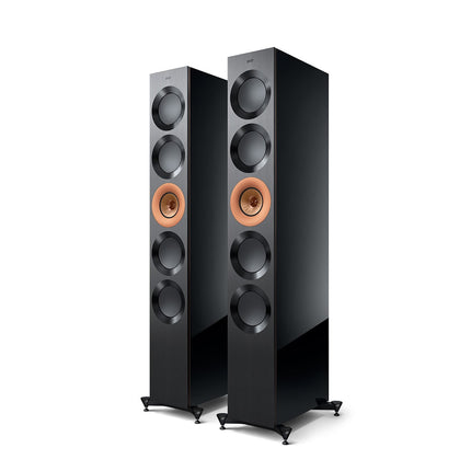 KEF Reference 5 Meta, finisaj High Gloss Black / Copper, vedere din față și lateral