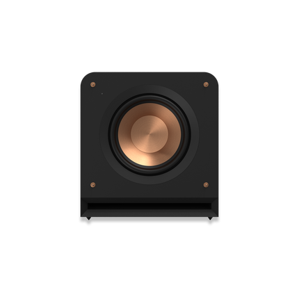 Subwooferul Klipsch RP-1000SW fără grilă, cu difuzorul Cerametallic aramiu și portul frontal vizibile