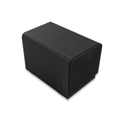 Subwooferul Klipsch RP-1000SW din unghi, cu textura finisajului ebony vizibilă