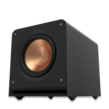 Prim-plan cu difuzorul Cerametallic și portul-fantă frontal ale lui Klipsch RP-1200SW