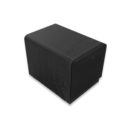 Klipsch RP-1200SW din unghi, cu grila montată, arătând incinta adâncă din vinil ebony