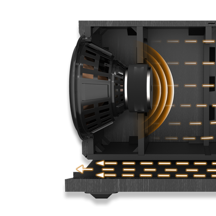 Secțiune prin Klipsch RP-1200SW, cu traseul aerului spre portul-fantă frontal