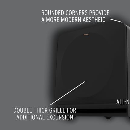 Planșă oficială Klipsch cu detaliile de design ale RP-1200SW (text în engleză)