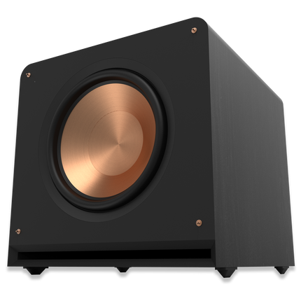 Klipsch RP-1600SW in prim-plan, difuzor Cerametallic si port frontal