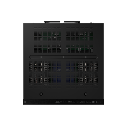 Onkyo TX-RZ70 vazut de sus, cu grilele de ventilatie si sirul de certificari de pe margine