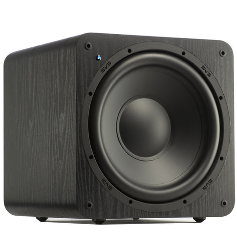 SVS SB-1000 în finisaj Premium Black Ash, fără grilă, cu driverul frontal de 12 inch la vedere
