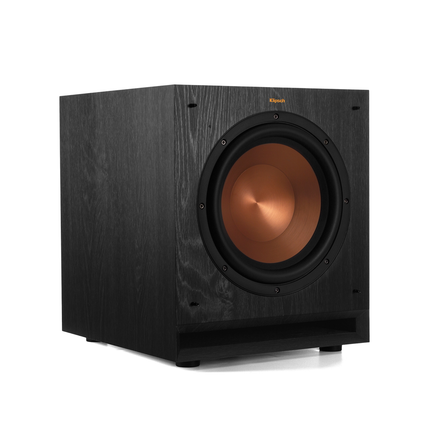 Subwoofer Klipsch SPL-100 in unghi de trei sferturi, fara masca, cu textura finisajului Ebony vizibila pe lateral
