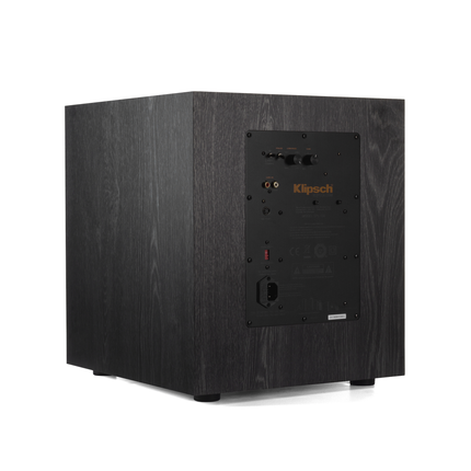 Panoul din spate al subwooferului Klipsch SPL-100, cu reglajele de faza, low-pass si castig, intrarile RCA si portul WA