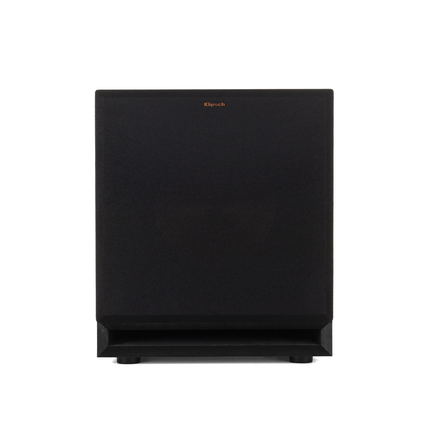 Subwoofer Klipsch SPL-100 din fata, cu masca textila montata si portul ramas descoperit la baza