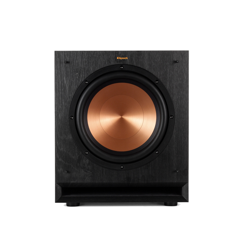 Subwoofer Klipsch SPL-100 vazut din fata, fara masca, cu difuzorul Cerametallic de 25,4 cm si portul tip fanta dedesubt